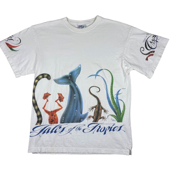 Caribbean Soul Other - Vintage AOP T-Shirt Mens White USA Y2K Surf Whale Lizard Skater Beach